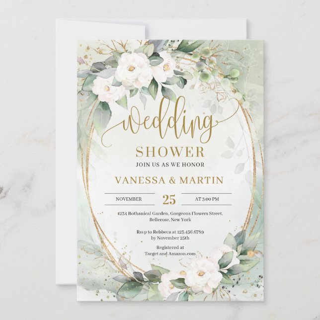 Invitation Fleurs de roses blanches vert eucalyptus or oval (Devant)