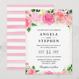 Invitation Fleurs de roses roses à l'aquarelle Mariage