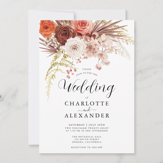 Invitation Fleurs de rouille en terre cuite Boho Mariage de f (Devant)