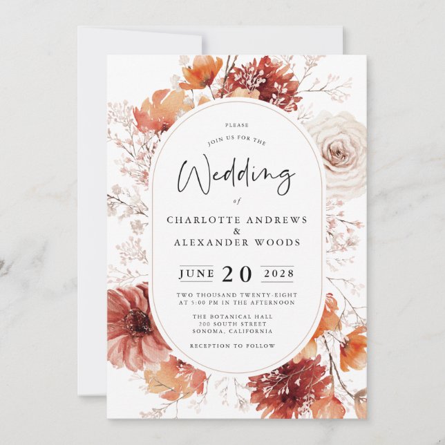 Invitation Fleurs de rouille en terre cuite Boho Mariage de f (Devant)
