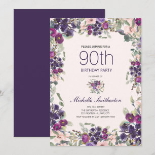 Invitation Fleurs de sauce violet rose féminin 90e anniversai
