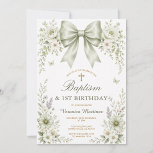 Invitation Fleurs de sauge verte Baptême & Premier Anniversai
