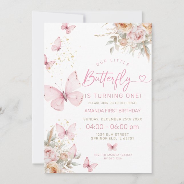 Invitation Fleurs de saumons roses et papillons Anniversaire (Devant)