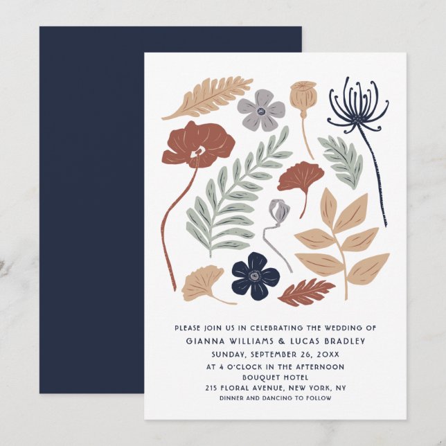 Invitation Fleurs de séquoia bleu simple Floral Mariage moder (Devant / Derrière)
