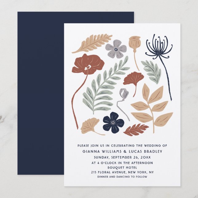 Invitation Fleurs de séquoia bleu simple Floral Mariage moder (Devant / Derrière)