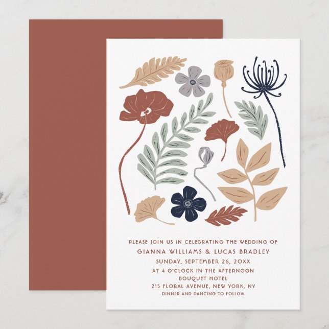Invitation Fleurs de séquoia bleu simple Floral Mariage moder (Devant / Derrière)