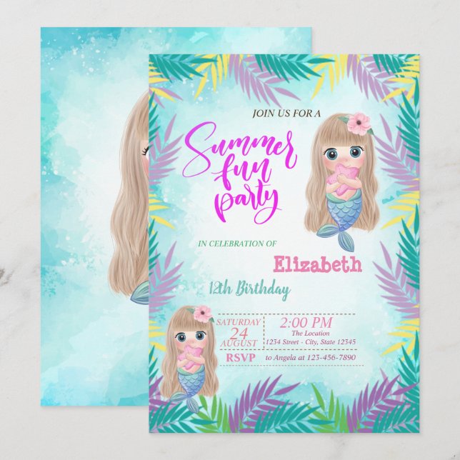 Invitation Fleurs de sirène de bébé été fête d'anniversaire (Devant / Derrière)
