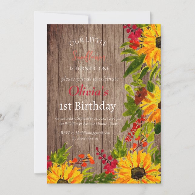 Invitation Fleurs de soleil 1er premier anniversaire fille Pa (Devant)