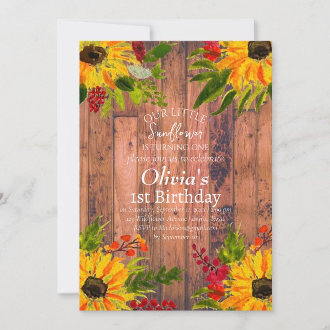 Invitation Fleurs de soleil 1er premier anniversaire fille Pa (Devant)