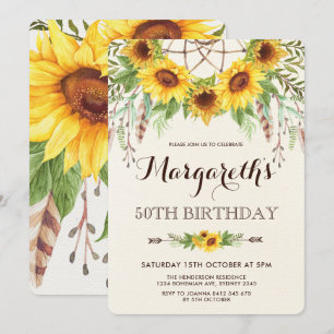 Invitation Fleurs de soleil 50e anniversaire fête Boho Feathe