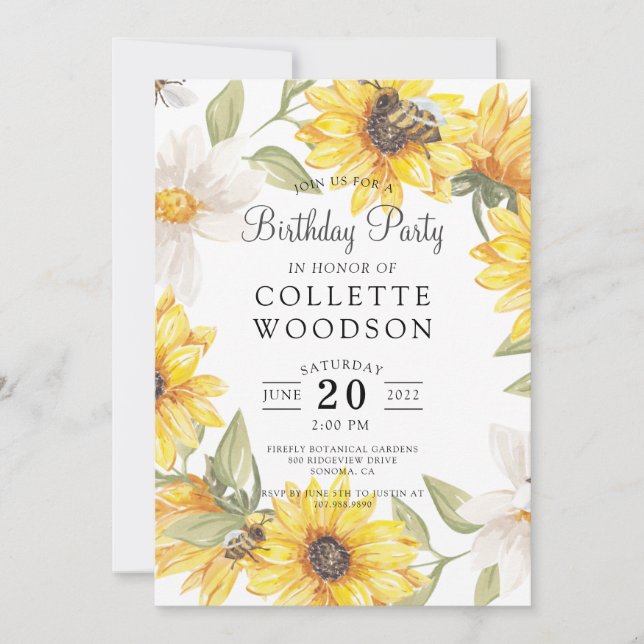 Invitation Fleurs de soleil Aquarelle fête d'anniversaire (Devant)