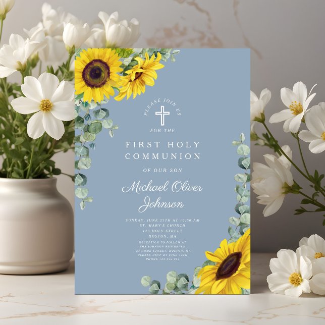 Invitation Fleurs de soleil bleues modernes Première communio (Modern Blue Sunflowers First Holy Communion Invitation)