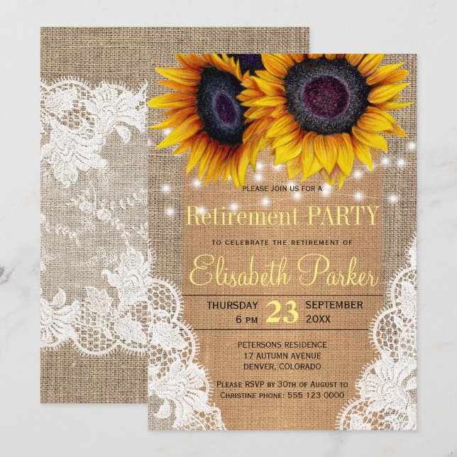 Invitation Fleurs de soleil burlap et dentelle fête de retrai (Devant / Derrière)