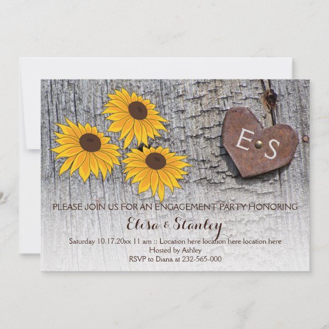 Invitation Fleurs de soleil, coeur sur bois mariage de la fêt (Devant)