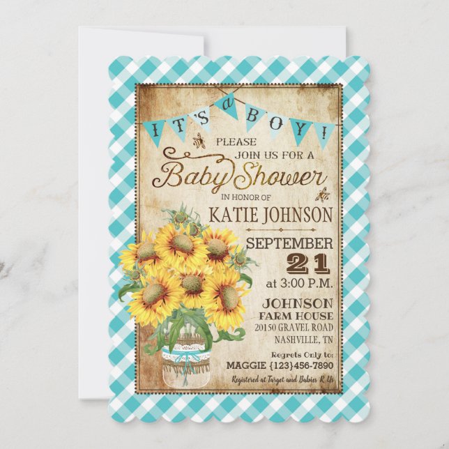 Invitation Fleurs de soleil de pays En vichy Check Boy Baby s (Devant)