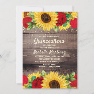 Invitation Fleurs de soleil en bois rustique Roses rouges Qui