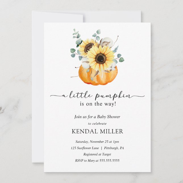 Invitation Fleurs de soleil en Citrouille Baby shower d'autom (Devant)