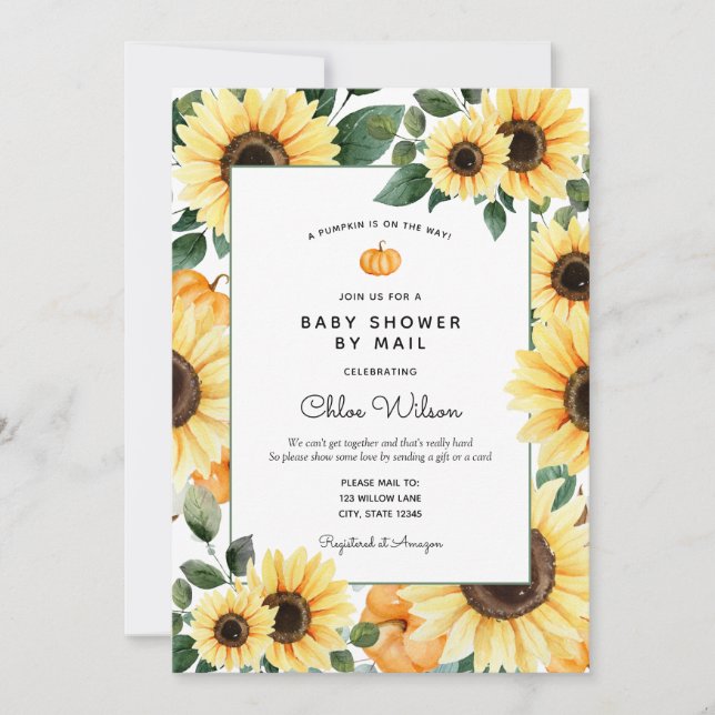 Invitation Fleurs de soleil et Baby shower Citrouille par cou (Devant)
