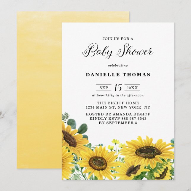 Invitation Fleurs de soleil et Baby shower d'Eucalyptus (Devant / Derrière)