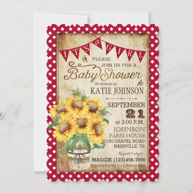 Invitation Fleurs de soleil et Baby shower En vichy (Devant)