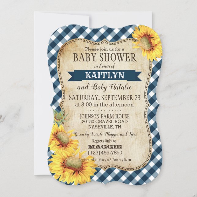 Invitation Fleurs de soleil et Baby shower En vichy (Devant)