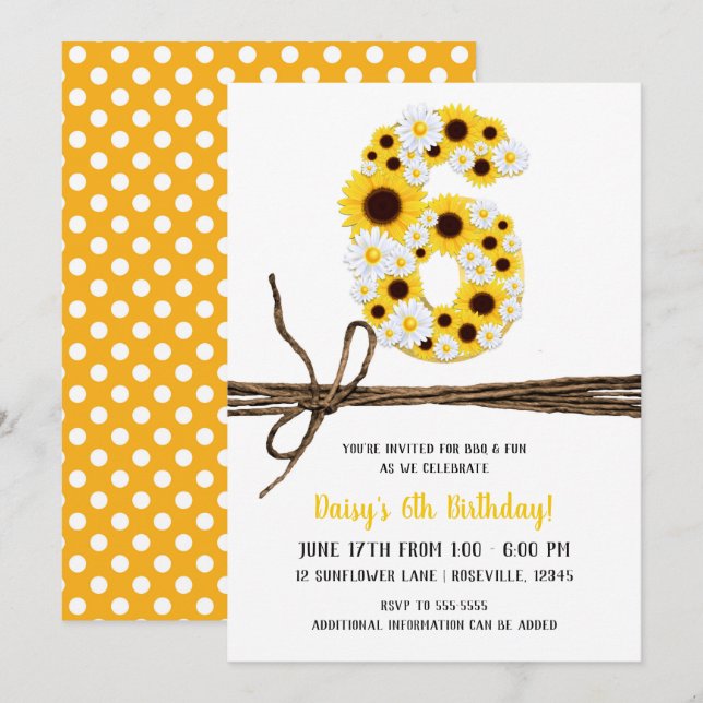 Invitation Fleurs de soleil et marguerites SIX 6 6e fête d'an (Devant / Derrière)
