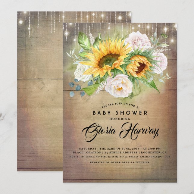 Invitation Fleurs de soleil et roses blanches Baby shower rus (Devant / Derrière)