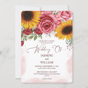 Invitation Fleurs de soleil et Roses rouges de Bourgogne Mari