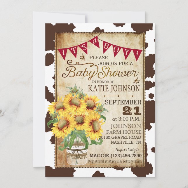 Invitation Fleurs de soleil et vaches de campagne Baby shower (Devant)