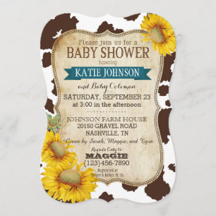 Invitation Fleurs de soleil et vaches de campagne Baby shower