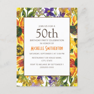 Invitation Fleurs de soleil jaunes 50e fête d'anniversaire