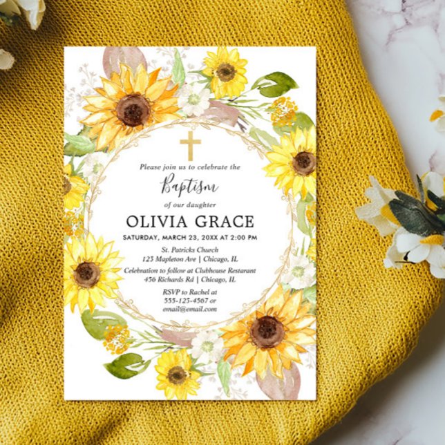 Invitation Fleurs de soleil jaunes baptême aquarelle fleurie (Créateur téléchargé)