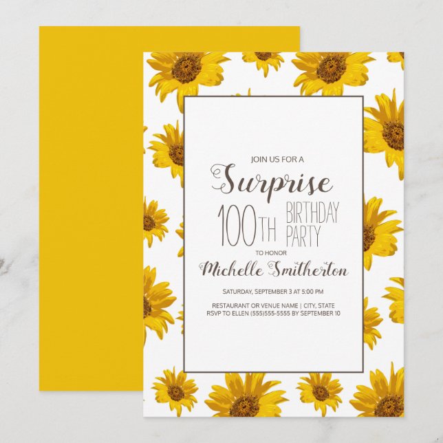 Invitation Fleurs de soleil jaunes Blanc 100e fête d'annivers (Devant / Derrière)