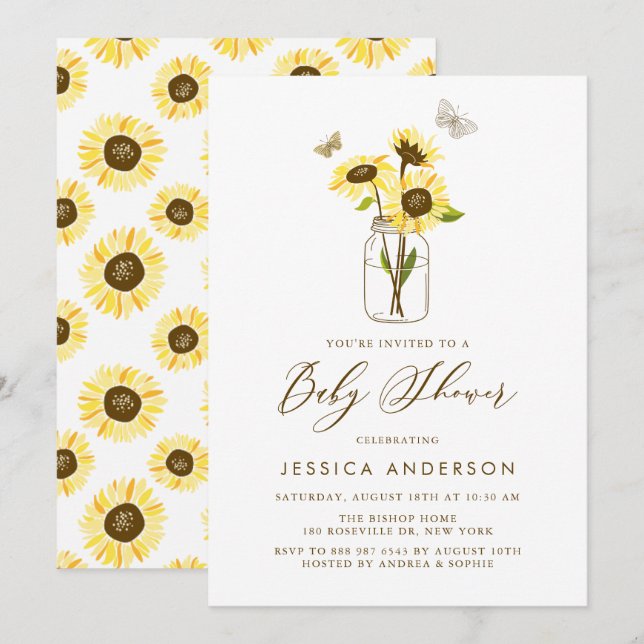 Invitation Fleurs de soleil jaunes dans le Baby shower Mason  (Devant / Derrière)