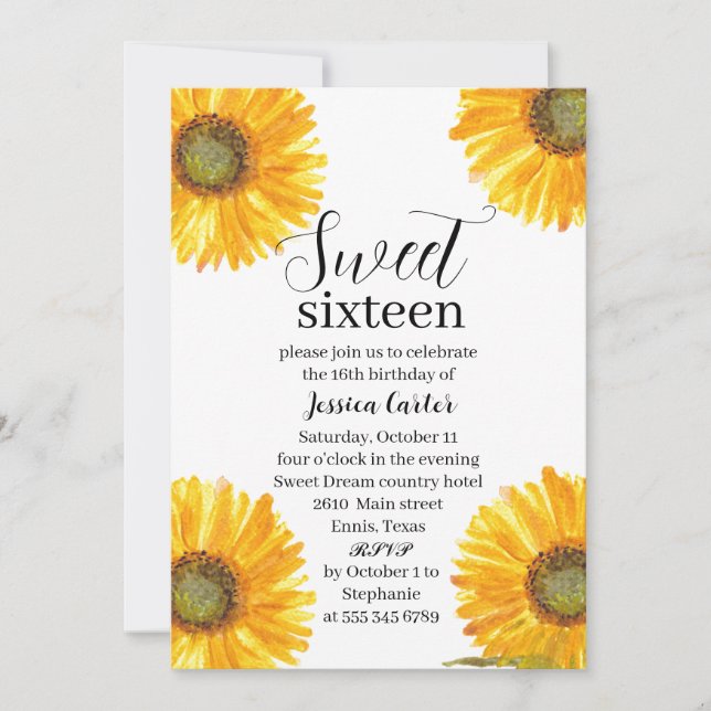 Invitation Fleurs de soleil jaunes Floral Sweet 16 fête d'ann (Devant)
