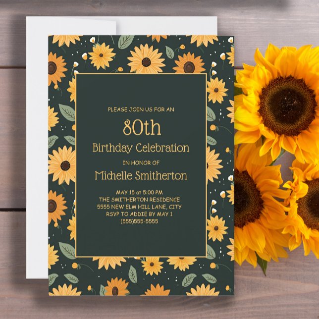 Invitation Fleurs de soleil jaunes Noir 80e anniversaire (Cute sunflowers on black 80th birthday party invitation for women.)