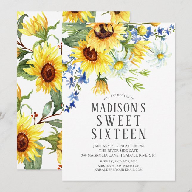 Invitation Fleurs de soleil joyeux Sweet sixteen fête d'anniv (Devant / Derrière)