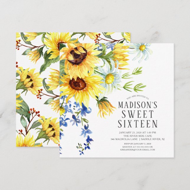 Invitation Fleurs de soleil joyeux Sweet sixteen fête d'anniv (Devant / Derrière)