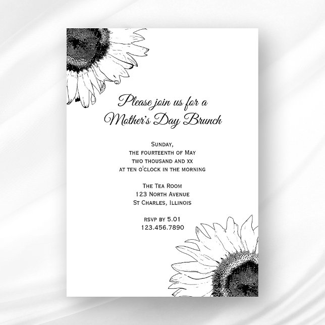 Invitation Fleurs de soleil noires et blanches Brunch Fête de (Créateur téléchargé)