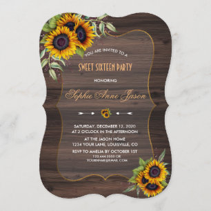 Invitation Fleurs de soleil romantique Sweet sixteen en bois
