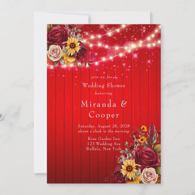 Invitation Fleurs de soleil roses rouges lumières wedding sho (Devant)