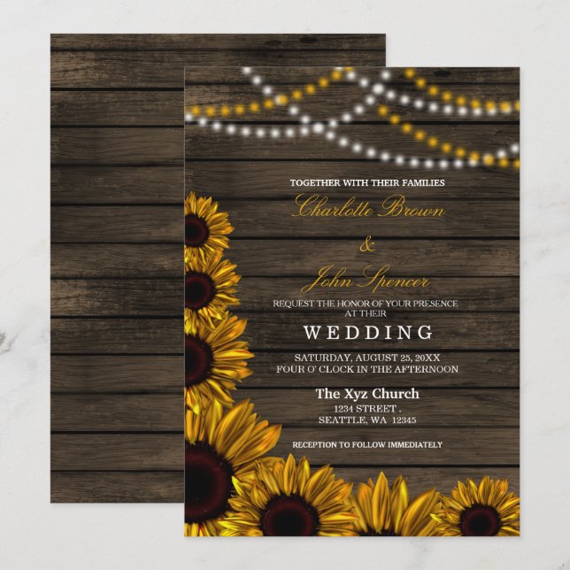 Invitation Fleurs de soleil rustique Mariage en bois de grang (Devant / Derrière)