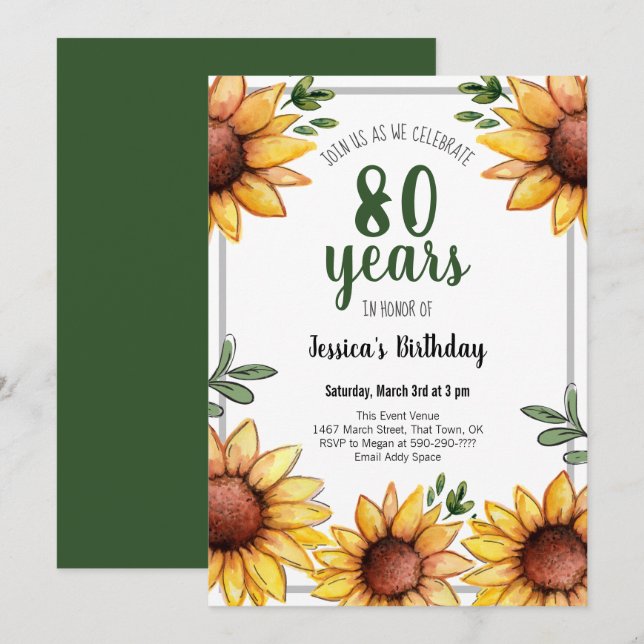 Invitation Fleurs de soleil rustiques 80e anniversaire (Devant / Derrière)