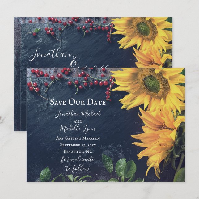Invitation Fleurs de soleil rustiques et ardoise Économisez n (Devant / Derrière)