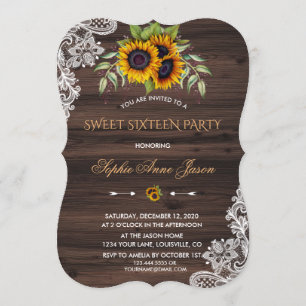 Invitation Fleurs de soleil rustiques Sweet sixteen de bois