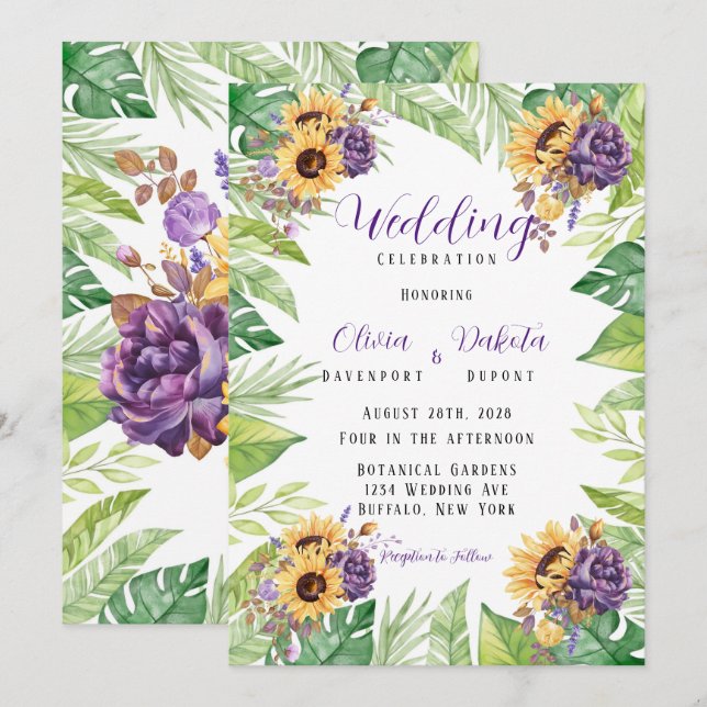 Invitation Fleurs de soleil vertes et fleurs violettes Mariag (Devant / Derrière)