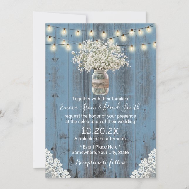 Invitation Fleurs de souffle de bébé Dusty Blue Barn Mariage (Devant)
