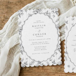 Invitation Fleurs de style victorien gris toile ovale mariage
