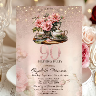 Invitation Fleurs de tasse de thé Paillettes Rose Gold 90e An