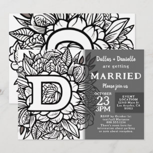 Invitation Fleurs de tatouage de monogramme noir et blanc Mar